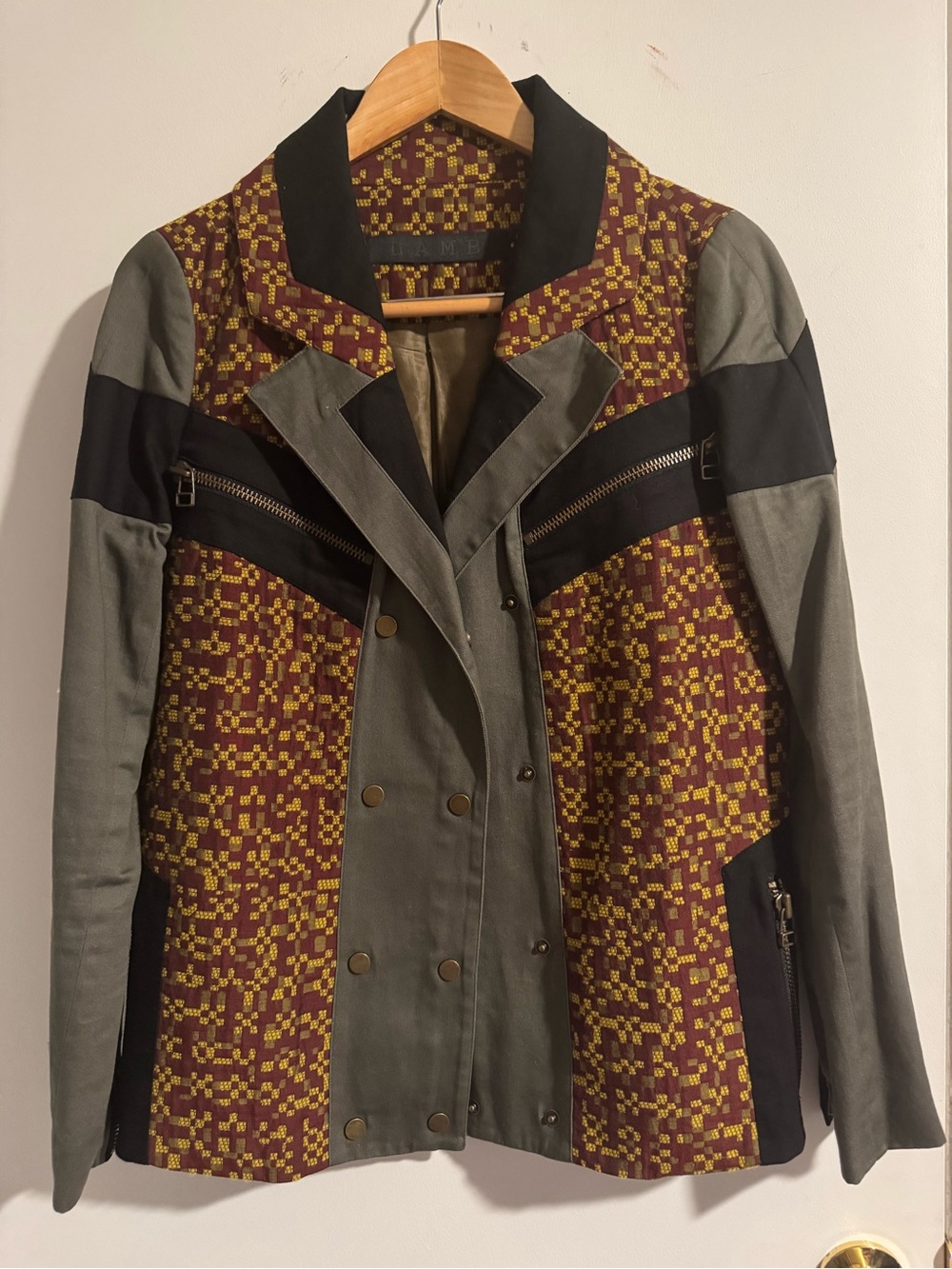 L.A.M.B. Olive Green & Burgundy Mosaic Double-Breasted Blazer - Picture 2 of 5